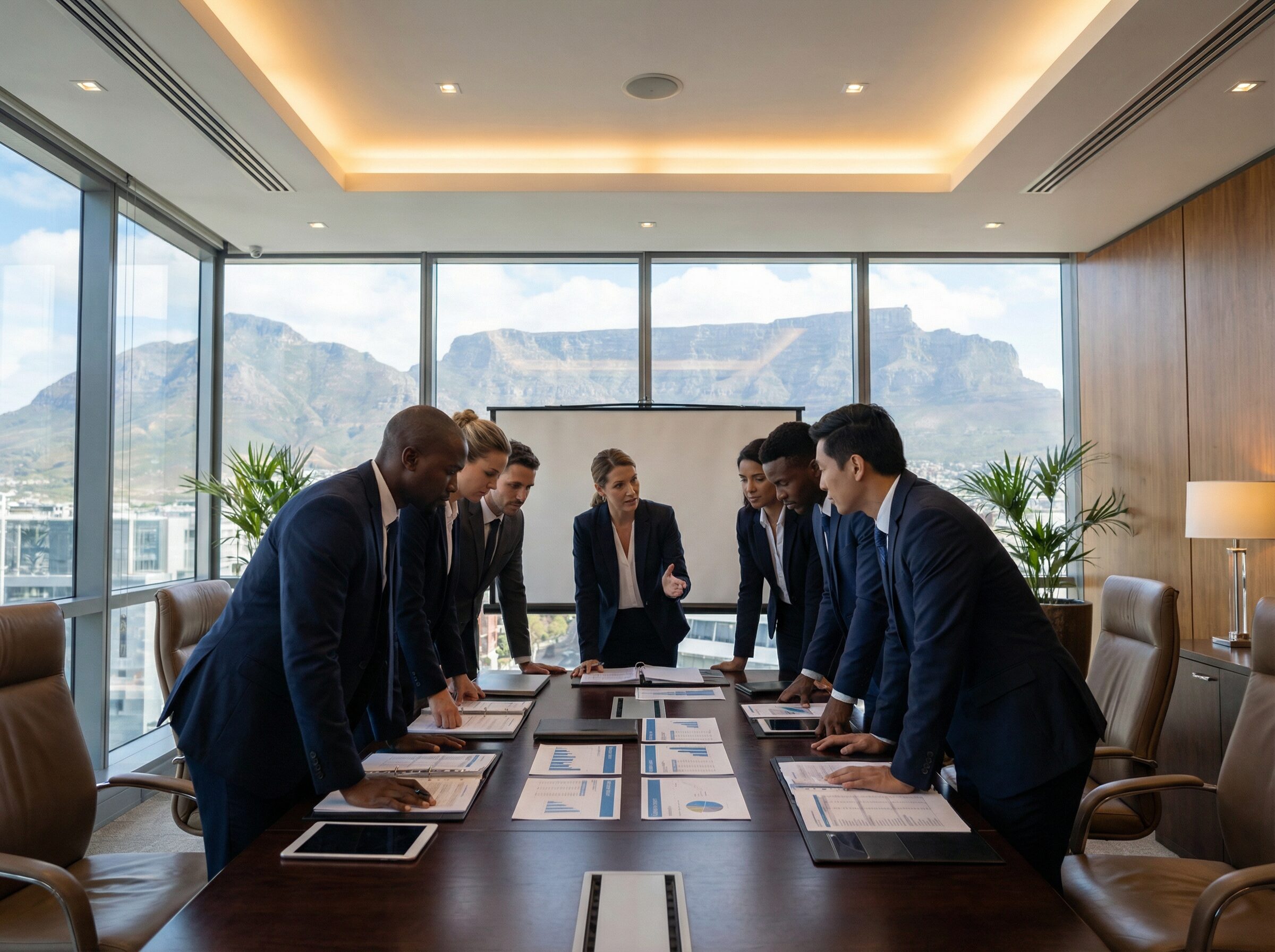Équipe The MECENE en réunion stratégique à Cape Town avec vue sur Table Mountain