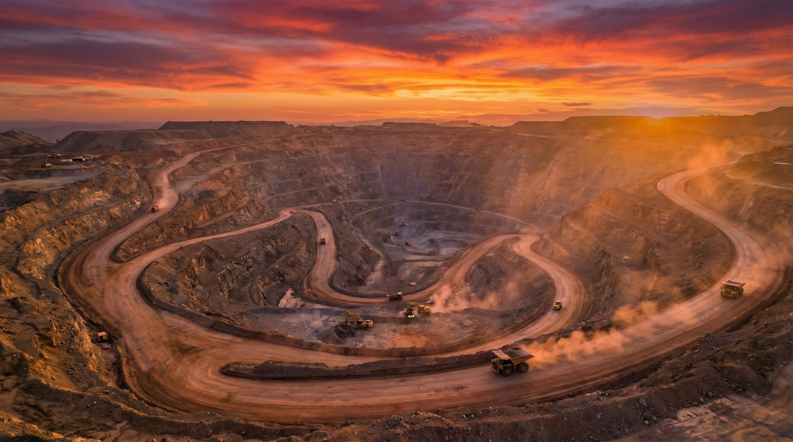 Mine d'or à ciel ouvert en Afrique de l'Ouest au coucher du soleil